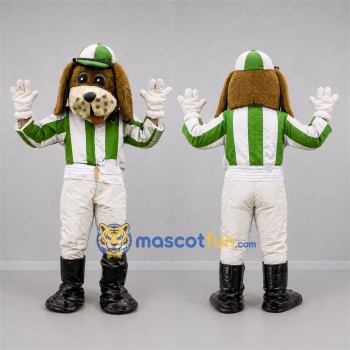 Custom Brown and Green Jockey Dog Mascot Costume Adult Full Body Suit for Equestrian Events