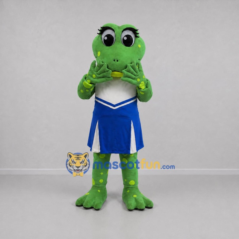 Custom Green and Blue Cheerleader Frog Mascot Costume Adult Full Body Suit for Sports Events Custom Green and Blue Cheerleader Frog Mascot Costume Adult Full Body Suit for Sports Events