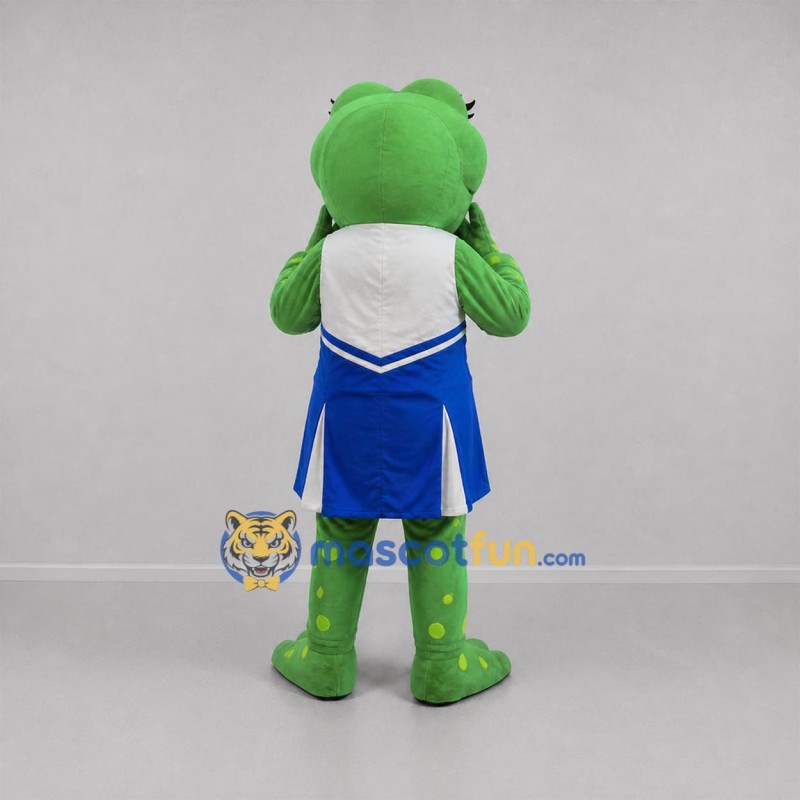 Custom Green and Blue Cheerleader Frog Mascot Costume Adult Full Body Suit for Sports Events Custom Green and Blue Cheerleader Frog Mascot Costume Adult Full Body Suit for Sports Events
