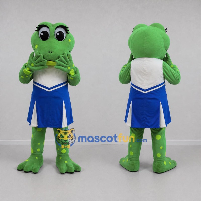Custom Green and Blue Cheerleader Frog Mascot Costume Adult Full Body Suit for Sports Events Custom Green and Blue Cheerleader Frog Mascot Costume Adult Full Body Suit for Sports Events