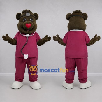 Custom Brown and Burgundy Doctor Bear Mascot Costume Adult Full Body Suit for Health Events
