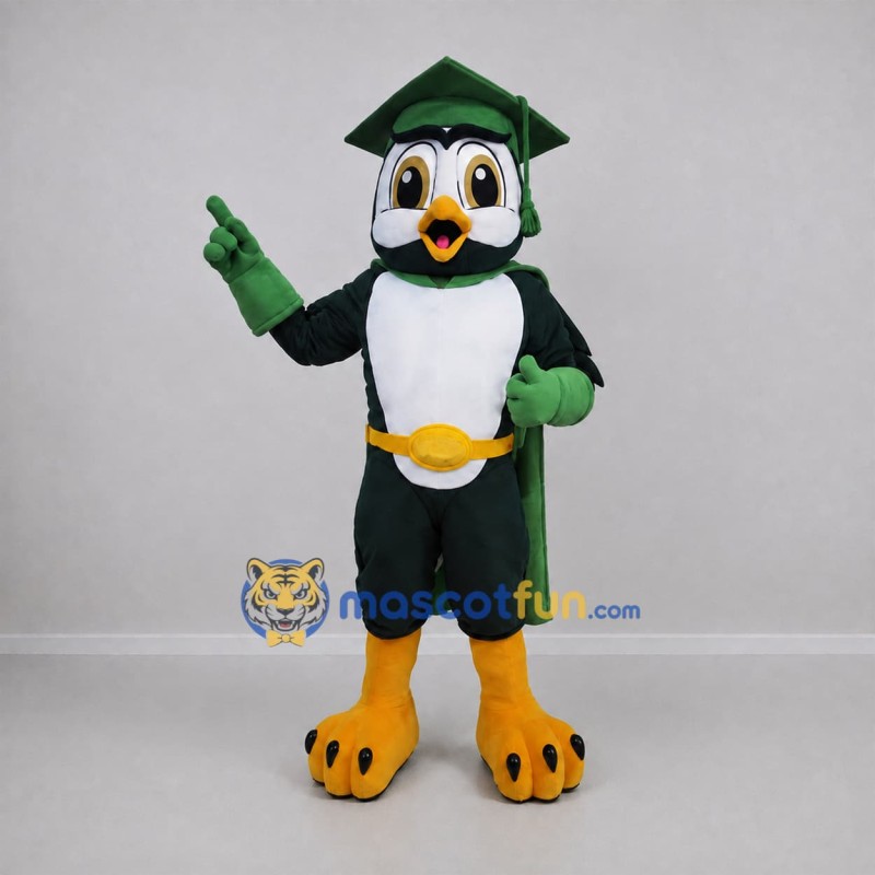 Custom Green and White Graduate Owl Mascot Costume Adult Full Body Suit for Graduation Events Custom Green and White Graduate Owl Mascot Costume Adult Full Body Suit for Graduation Events