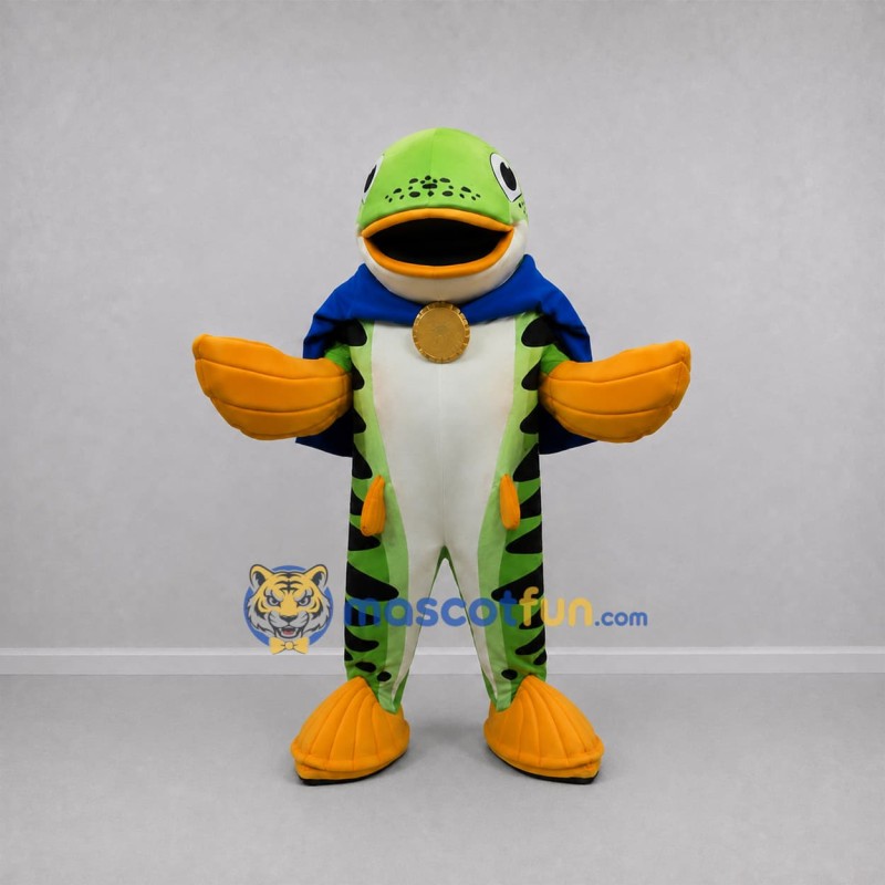 Custom Green and Orange Superhero Fish Mascot Costume Adult Full Body Suit for Ocean Events Custom Green and Orange Superhero Fish Mascot Costume Adult Full Body Suit for Ocean Events