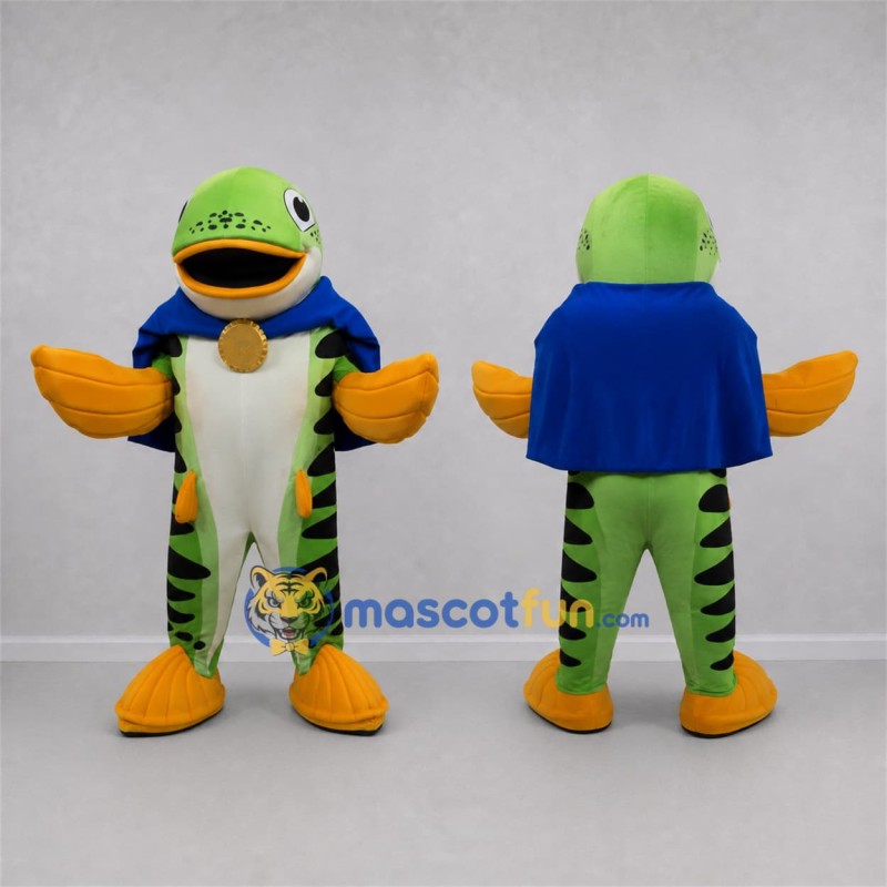 Custom Green and Orange Superhero Fish Mascot Costume Adult Full Body Suit for Ocean Events Custom Green and Orange Superhero Fish Mascot Costume Adult Full Body Suit for Ocean Events