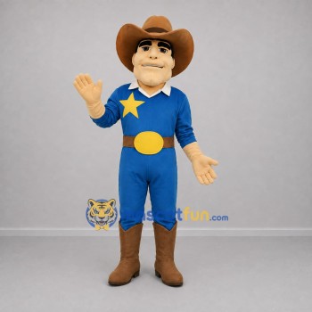 Custom Blue and Brown Cowboy Sheriff Mascot Costume Adult Full Body Suit for Western Events Custom Blue and Brown Cowboy Sheriff Mascot Costume Adult Full Body Suit for Western Events