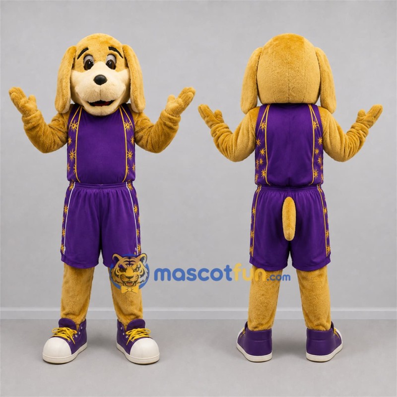 Custom Tan and Purple Dog Mascot Costume Adult Full Body Suit for Sports Events Custom Tan and Purple Dog Mascot Costume Adult Full Body Suit for Sports Events
