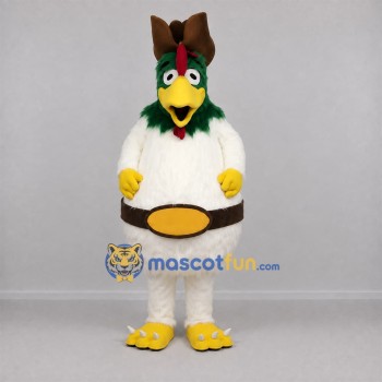 Custom White and Green Cowboy Rooster Mascot Costume Adult Full Body Suit for Western Events Custom White and Green Cowboy Rooster Mascot Costume Adult Full Body Suit for Western Events