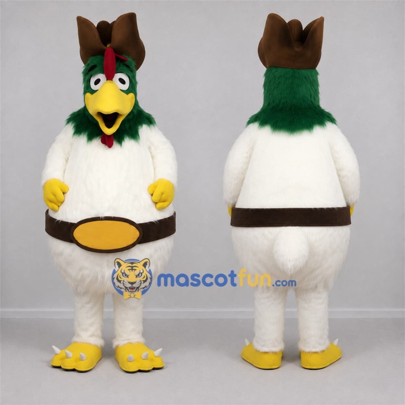Custom White and Green Cowboy Rooster Mascot Costume Adult Full Body Suit for Western Events Custom White and Green Cowboy Rooster Mascot Costume Adult Full Body Suit for Western Events
