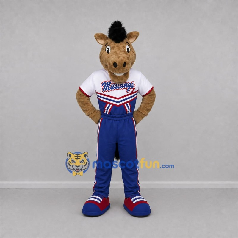 Custom Tan and Blue Horse Mascot Costume Adult Full Body Suit for Sports Events