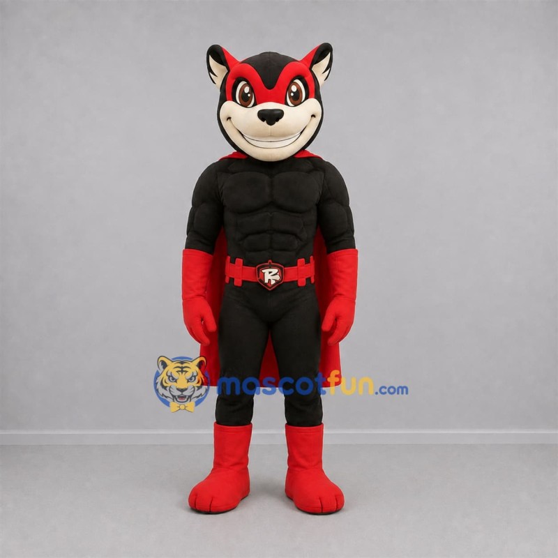 Custom Black and Red Superhero Fox Mascot Costume Adult Full Body Suit for Stage Performances Custom Black and Red Superhero Fox Mascot Costume Adult Full Body Suit for Stage Performances