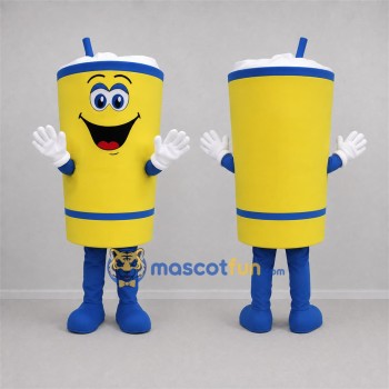 Custom Yellow and Blue Drink Cup Mascot Costume Adult Full Body Suit for Food Festivals