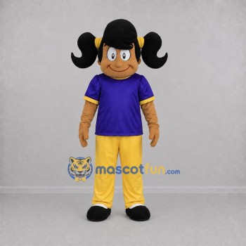 Custom Purple and Yellow Girl Mascot Costume Adult Full Body Suit for School Events Custom Purple and Yellow Girl Mascot Costume Adult Full Body Suit for School Events