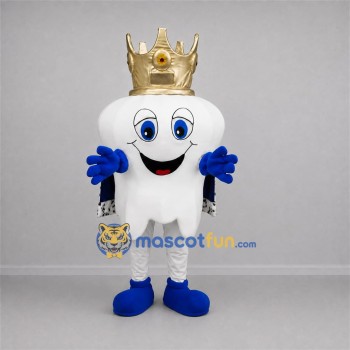 Custom White and Gold Tooth King Mascot Costume Adult Full Body Suit for Dental Events Custom White and Gold Tooth King Mascot Costume Adult Full Body Suit for Dental Events