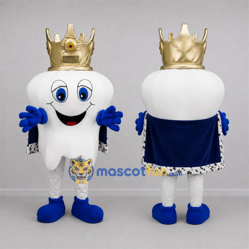 Custom White and Gold Tooth King Mascot Costume Adult Full Body Suit for Dental Events Custom White and Gold Tooth King Mascot Costume Adult Full Body Suit for Dental Events