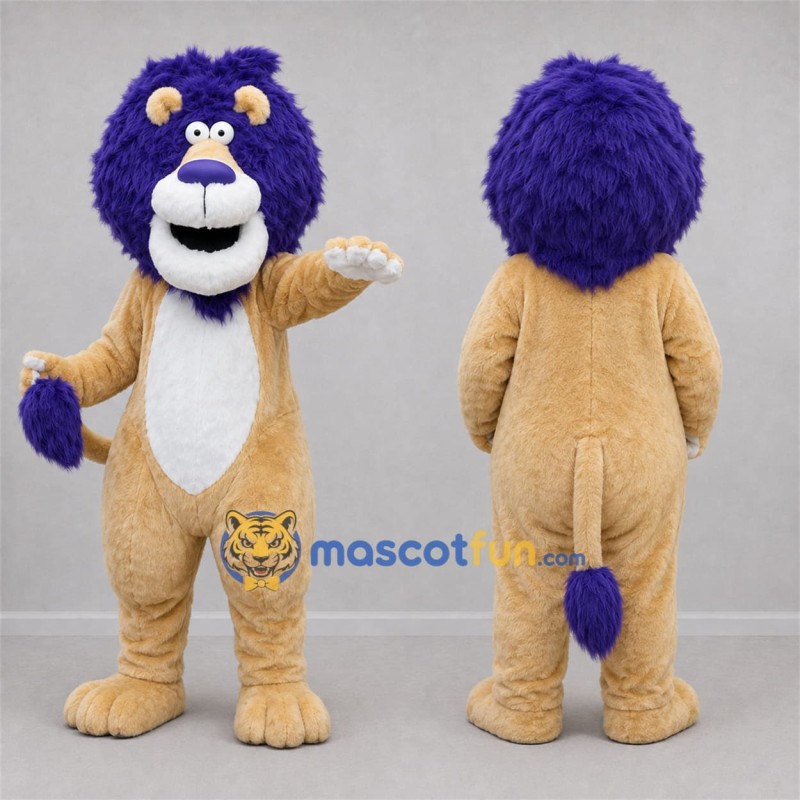 Custom Tan and Purple Lion Mascot Costume Adult Full Body Suit for School Events Custom Tan and Purple Lion Mascot Costume Adult Full Body Suit for School Events