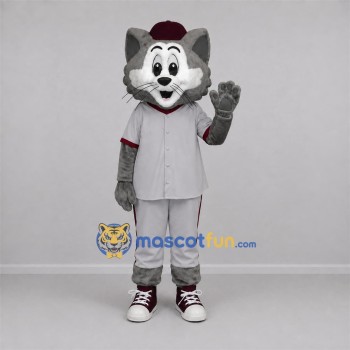 Custom Gray and Burgundy Baseball Cat Mascot Costume Adult Full Body Suit for Sports Events Custom Gray and Burgundy Baseball Cat Mascot Costume Adult Full Body Suit for Sports Events