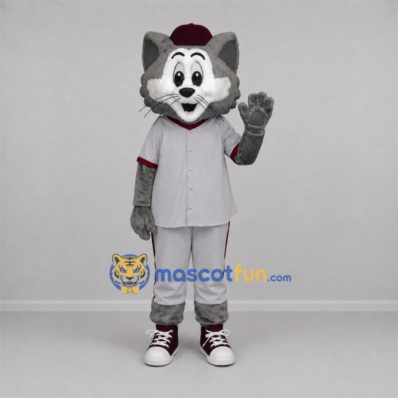 Custom Gray and Burgundy Baseball Cat Mascot Costume Adult Full Body Suit for Sports Events Custom Gray and Burgundy Baseball Cat Mascot Costume Adult Full Body Suit for Sports Events