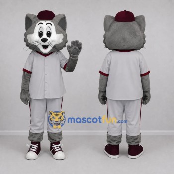 Custom Gray and Burgundy Baseball Cat Mascot Costume Adult Full Body Suit for Sports Events