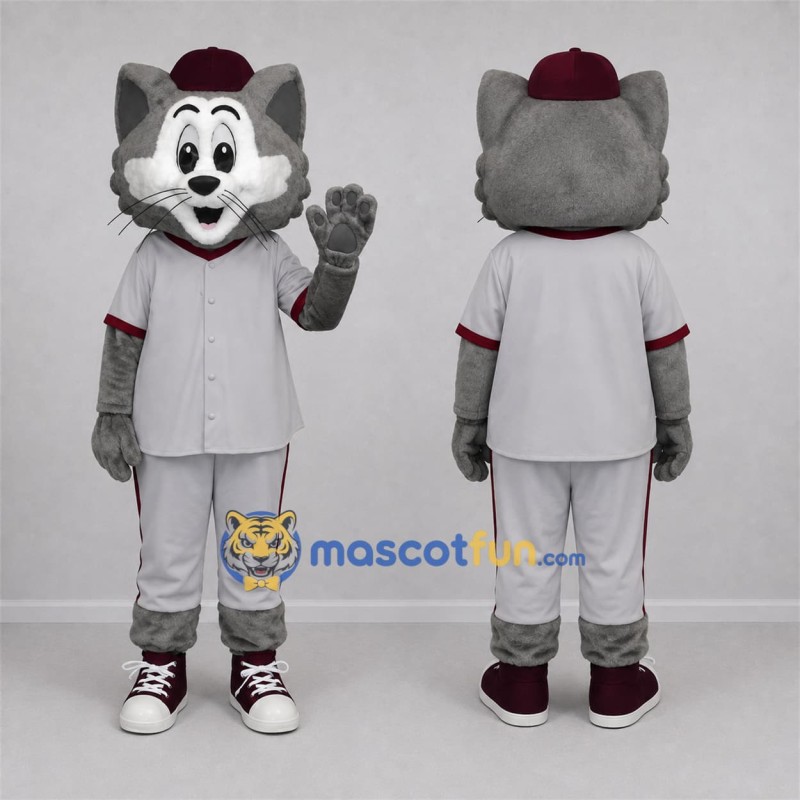 Custom Gray and Burgundy Baseball Cat Mascot Costume Adult Full Body Suit for Sports Events Custom Gray and Burgundy Baseball Cat Mascot Costume Adult Full Body Suit for Sports Events