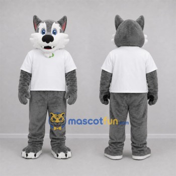 Custom Gray and White Dog Mascot Costume Adult Full Body Suit for School Events
