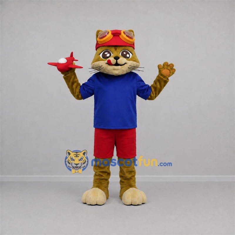 Custom Tan and Blue Aviator Cat Mascot Costume Adult Full Body Suit for Aviation Events Custom Tan and Blue Aviator Cat Mascot Costume Adult Full Body Suit for Aviation Events