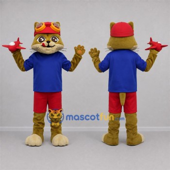 Custom Tan and Blue Aviator Cat Mascot Costume Adult Full Body Suit for Aviation Events