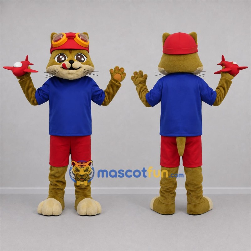 Custom Tan and Blue Aviator Cat Mascot Costume Adult Full Body Suit for Aviation Events Custom Tan and Blue Aviator Cat Mascot Costume Adult Full Body Suit for Aviation Events