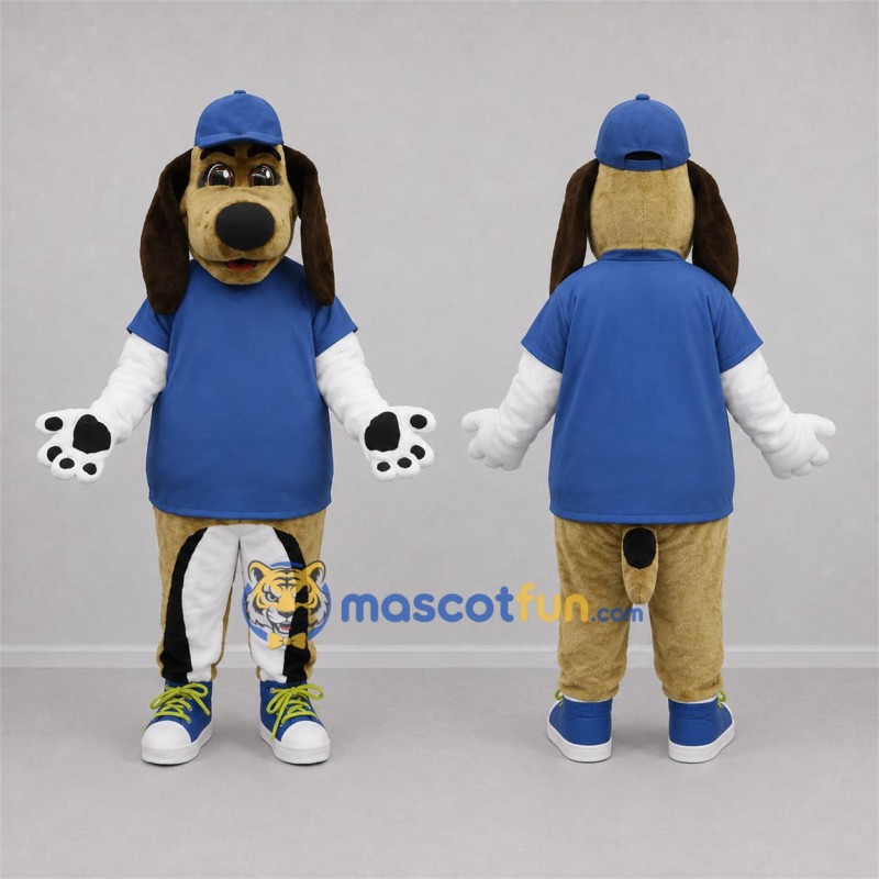 Custom Tan and Blue Dog Mascot Costume Adult Full Body Suit for Sports Events