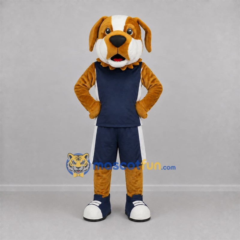 Custom Tan and Navy Blue Dog Mascot Costume Adult Full Body Suit for Sports Events Custom Tan and Navy Blue Dog Mascot Costume Adult Full Body Suit for Sports Events