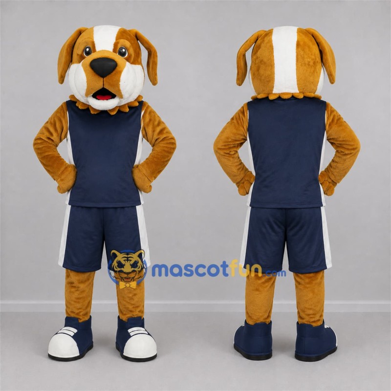 Custom Tan and Navy Blue Dog Mascot Costume Adult Full Body Suit for Sports Events Custom Tan and Navy Blue Dog Mascot Costume Adult Full Body Suit for Sports Events