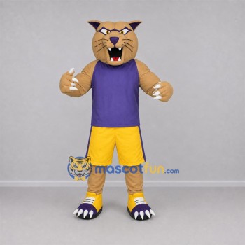 Custom Tan and Purple Wildcat Mascot Costume Adult Full Body Suit for Sports Events Custom Tan and Purple Wildcat Mascot Costume Adult Full Body Suit for Sports Events
