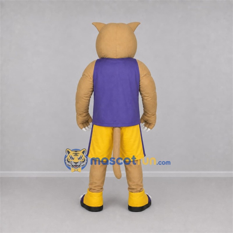 Custom Tan and Purple Wildcat Mascot Costume Adult Full Body Suit for Sports Events Custom Tan and Purple Wildcat Mascot Costume Adult Full Body Suit for Sports Events