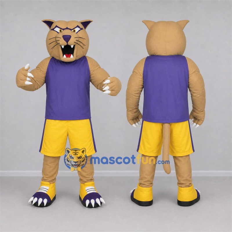 Custom Tan and Purple Wildcat Mascot Costume Adult Full Body Suit for Sports Events Custom Tan and Purple Wildcat Mascot Costume Adult Full Body Suit for Sports Events