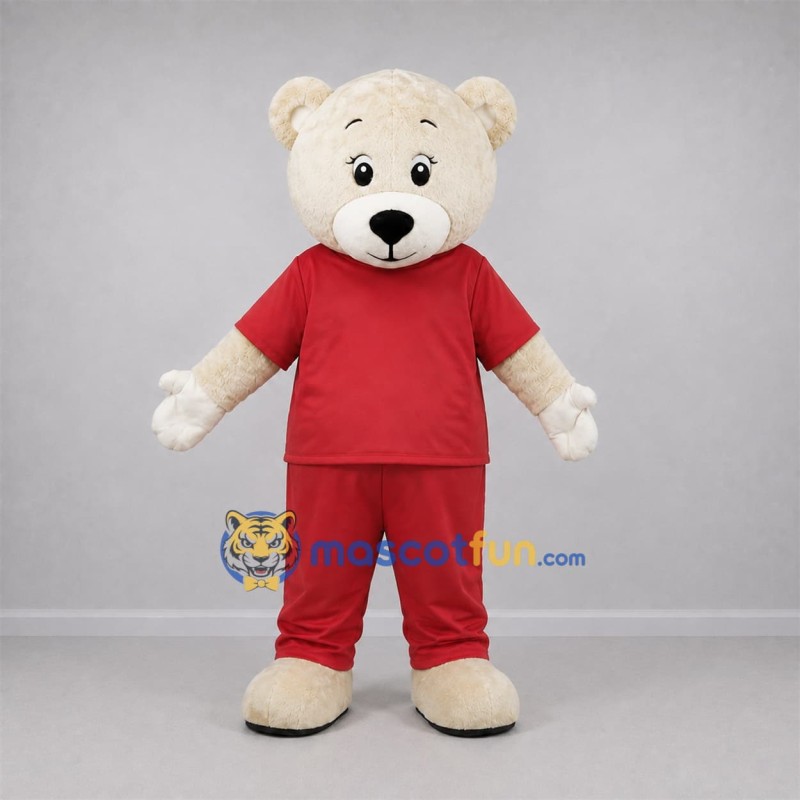 Custom Cream and Red Teddy Bear Mascot Costume Adult Full Body Suit for Birthday Parties Custom Cream and Red Teddy Bear Mascot Costume Adult Full Body Suit for Birthday Parties