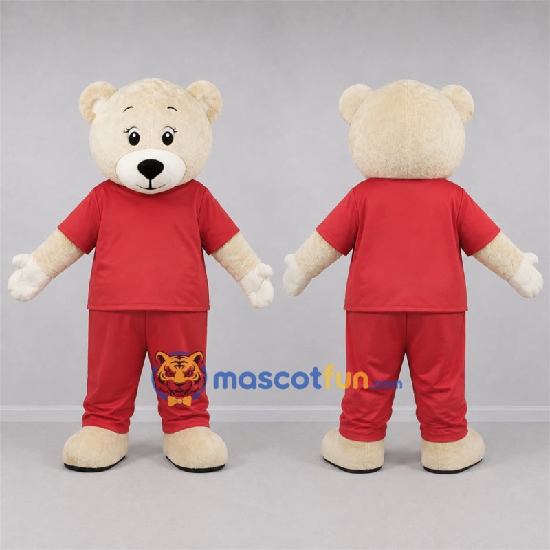 Custom Cream and Red Teddy Bear Mascot Costume Adult Full Body Suit for Birthday Parties Custom Cream and Red Teddy Bear Mascot Costume Adult Full Body Suit for Birthday Parties