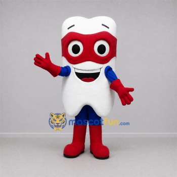 Custom White and Red Superhero Tooth Mascot Costume Adult Full Body Suit for Dental Events Custom White and Red Superhero Tooth Mascot Costume Adult Full Body Suit for Dental Events