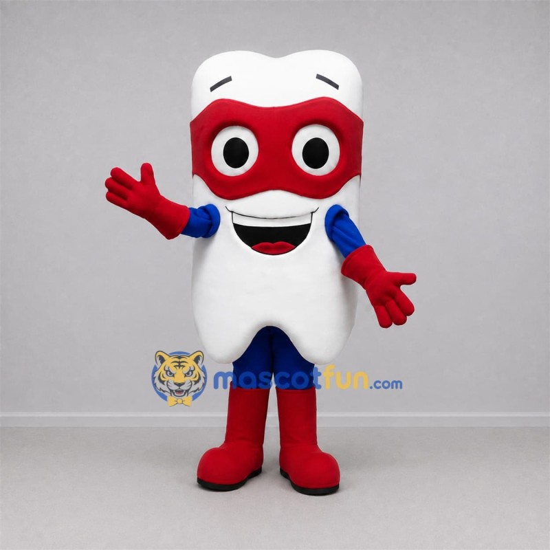 Custom White and Red Superhero Tooth Mascot Costume Adult Full Body Suit for Dental Events Custom White and Red Superhero Tooth Mascot Costume Adult Full Body Suit for Dental Events