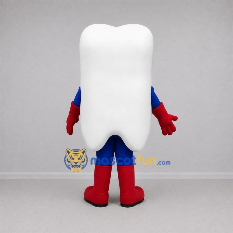 Custom White and Red Superhero Tooth Mascot Costume Adult Full Body Suit for Dental Events Custom White and Red Superhero Tooth Mascot Costume Adult Full Body Suit for Dental Events