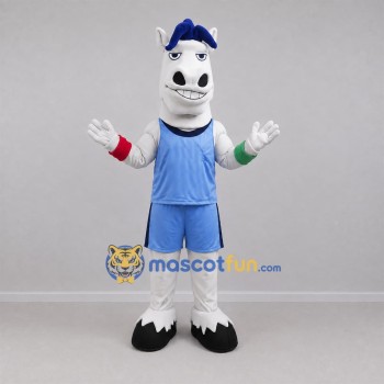 Custom White and Blue Horse Mascot Costume Adult Full Body Suit for Sports Events