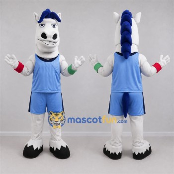 Custom White and Blue Horse Mascot Costume Adult Full Body Suit for Sports Events