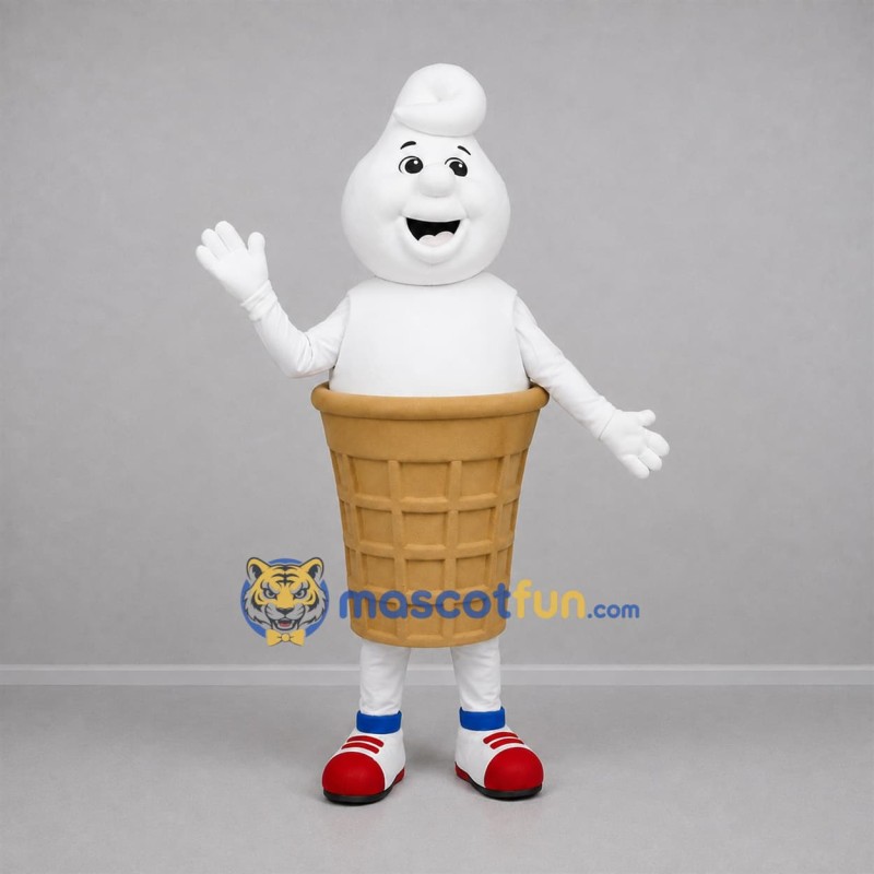 Custom White and Tan Ice Cream Cone Mascot Costume Adult Full Body Suit for Food Festivals Custom White and Tan Ice Cream Cone Mascot Costume Adult Full Body Suit for Food Festivals
