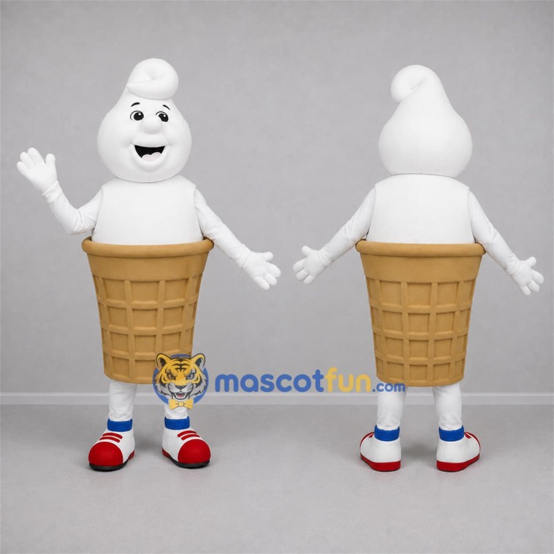 Custom White and Tan Ice Cream Cone Mascot Costume Adult Full Body Suit for Food Festivals Custom White and Tan Ice Cream Cone Mascot Costume Adult Full Body Suit for Food Festivals