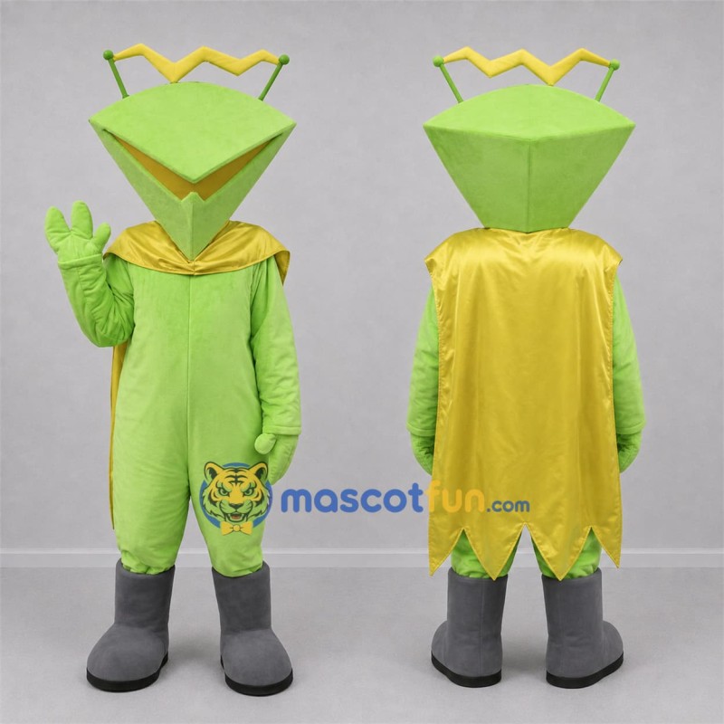 Custom Lime Green and Gold Alien Mascot Costume Adult Full Body Suit for Space Events Custom Lime Green and Gold Alien Mascot Costume Adult Full Body Suit for Space Events