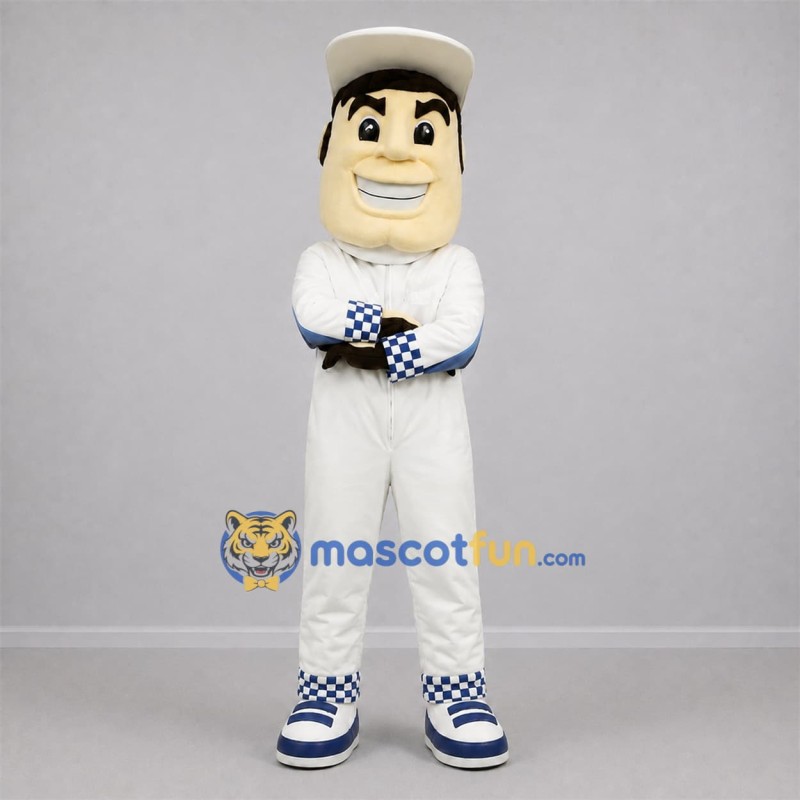 Custom White and Blue Race Car Driver Mascot Costume Adult Full Body Suit for Racing Events Custom White and Blue Race Car Driver Mascot Costume Adult Full Body Suit for Racing Events