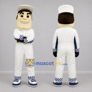 Custom White and Blue Race Car Driver Mascot Costume Adult Full Body Suit for Racing Events