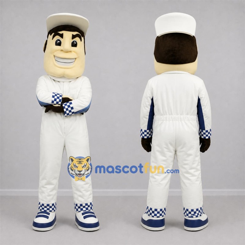 Custom White and Blue Race Car Driver Mascot Costume Adult Full Body Suit for Racing Events Custom White and Blue Race Car Driver Mascot Costume Adult Full Body Suit for Racing Events