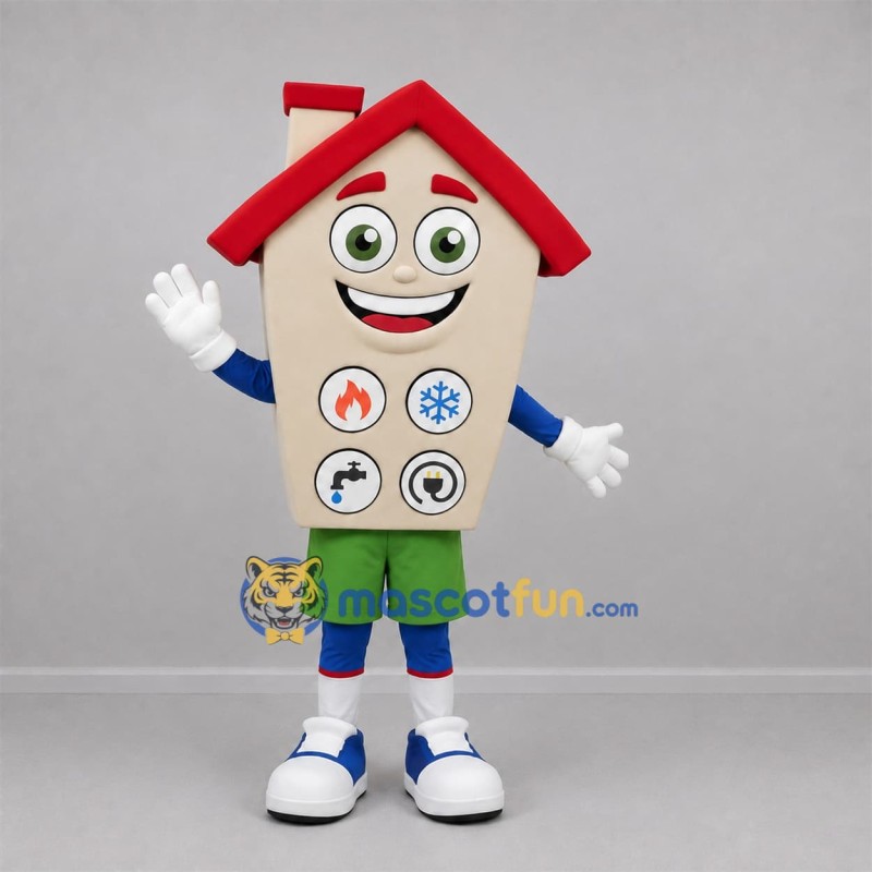 Custom Cream and Red House Mascot Costume Adult Full Body Suit for Home Improvement Events