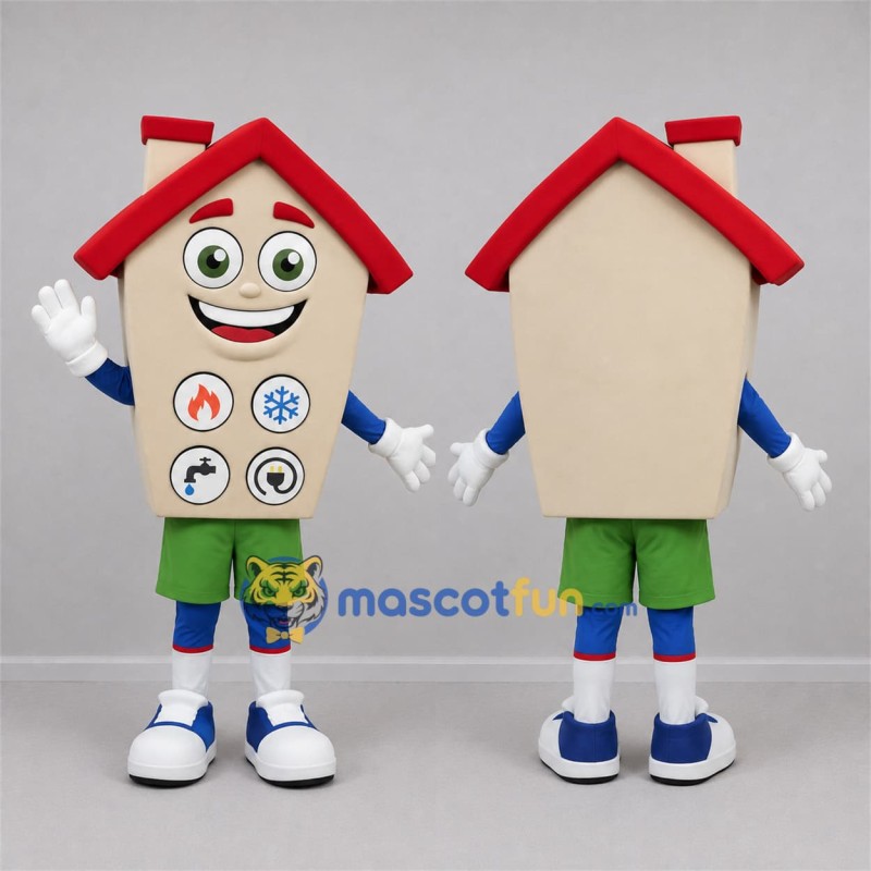 Custom Cream and Red House Mascot Costume Adult Full Body Suit for Home Improvement Events