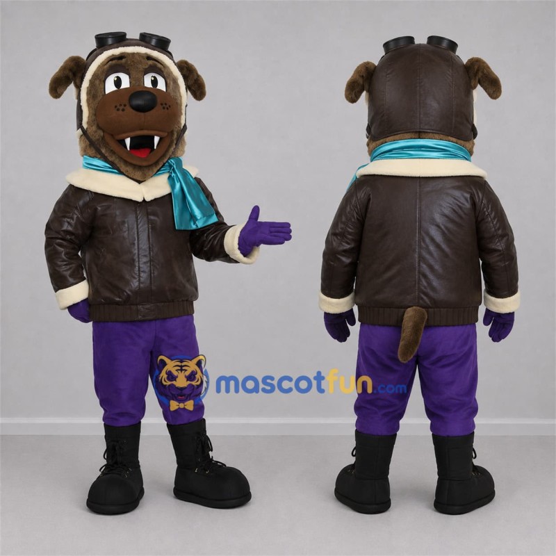 Custom Brown and Purple Aviator Dog Mascot Costume Adult Full Body Suit for Aviation Events Custom Brown and Purple Aviator Dog Mascot Costume Adult Full Body Suit for Aviation Events