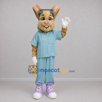 Custom Tan and Light Blue Doctor Rabbit Mascot Costume Adult Full Body Suit for Health Events Custom Tan and Light Blue Doctor Rabbit Mascot Costume Adult Full Body Suit for Health Events